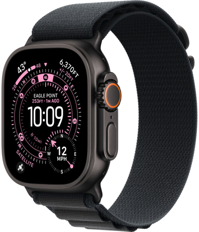 Apple Watch Ultra 3 49 мм, корпус из черного титана, ремешок Alpine черного цвета, размер M